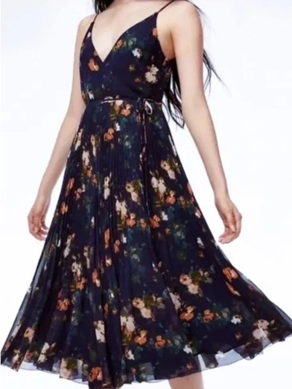 Wilfred Navy Floral Midi Dress with Pleated Skirt